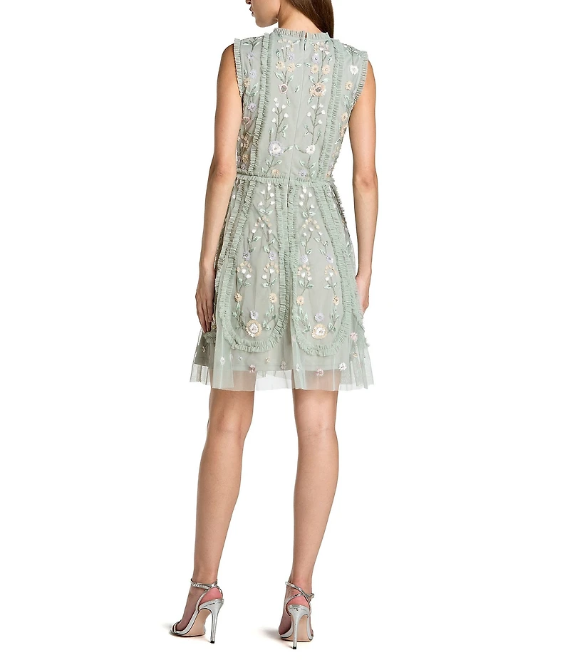 Mac Duggal Floral Beaded Crew Neck Sleeveless Dress