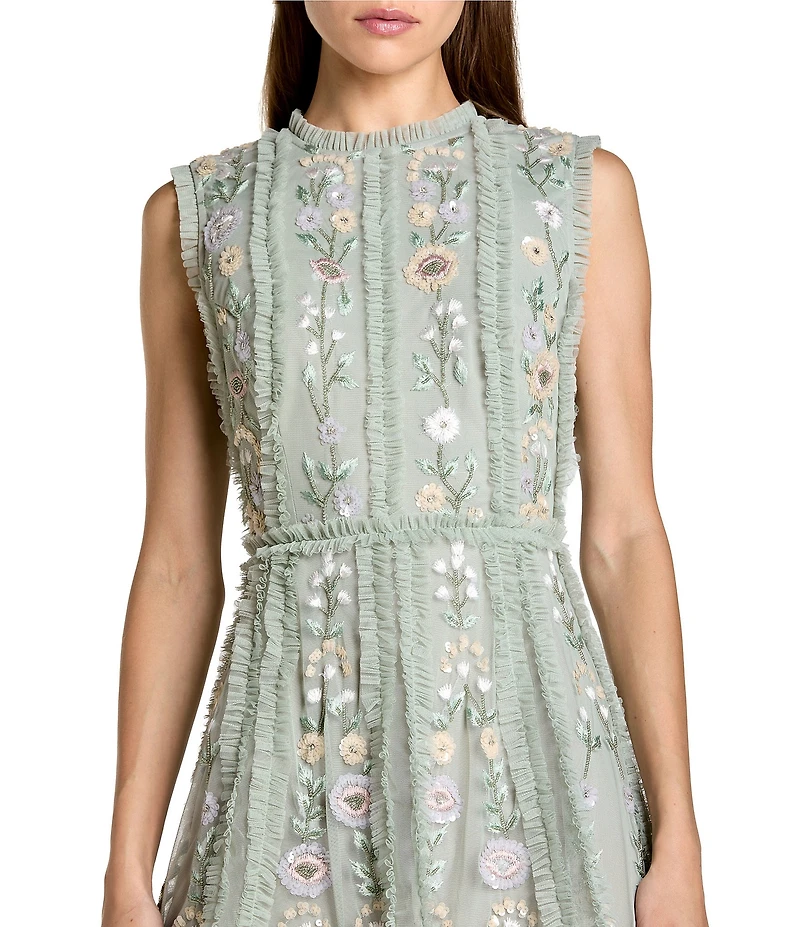 Mac Duggal Floral Beaded Crew Neck Sleeveless Dress