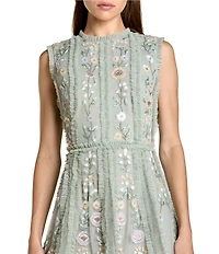 Mac Duggal Floral Beaded Crew Neck Sleeveless Dress