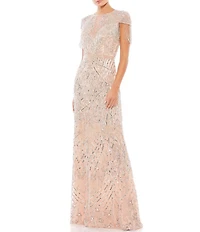 Mac Duggal Beaded Embellished Crew Neck Cap Shimmer Fringe Sleeve Sheath Gown