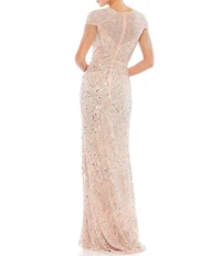 Mac Duggal Beaded Embellished Crew Neck Cap Shimmer Fringe Sleeve Sheath Gown