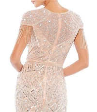 Mac Duggal Beaded Embellished Crew Neck Cap Shimmer Fringe Sleeve Sheath Gown
