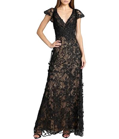 Mac Duggal Beaded Embroidered V-Neck Flutter Sleeve Gown