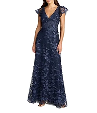 Mac Duggal Beaded Embroidered V-Neck Flutter Sleeve Gown