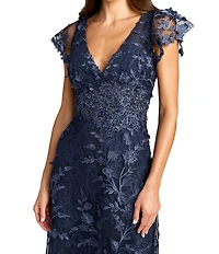 Mac Duggal Beaded Embroidered V-Neck Flutter Sleeve Gown