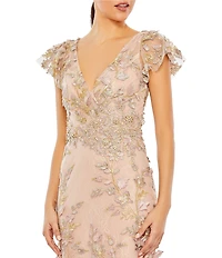Mac Duggal Beaded Embroidered V-Neck Flutter Sleeve Gown