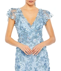 Mac Duggal Beaded Embroidered V-Neck Flutter Sleeve Gown
