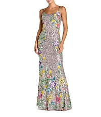 Mac Duggal Beaded Floral Embellished Mesh Sequin Cowl Back Trumpet Gown