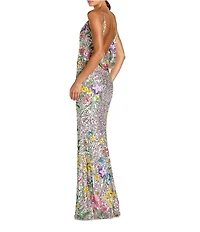 Mac Duggal Beaded Floral Embellished Mesh Sequin Cowl Back Trumpet Gown