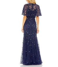 Mac Duggal Beaded Floral Illusion Short Cape Sleeve Sheath Gown