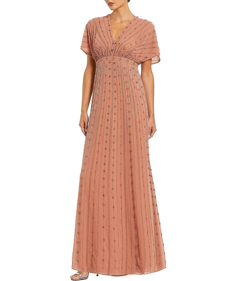 Mac Duggal Beaded Georgette Draped Sleeve Gown