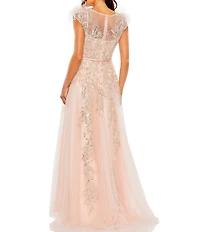 Mac Duggal Beaded Illusion Crew Neck Feather Cap Sleeve A-Line Gown