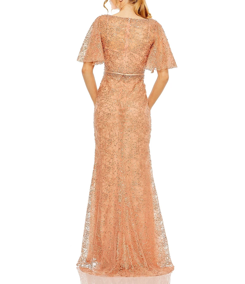Mac Duggal Beaded Illusion Neckline Short Butterfly Sleeve Gown
