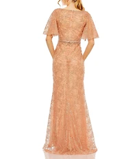 Mac Duggal Beaded Illusion Neckline Short Butterfly Sleeve Gown