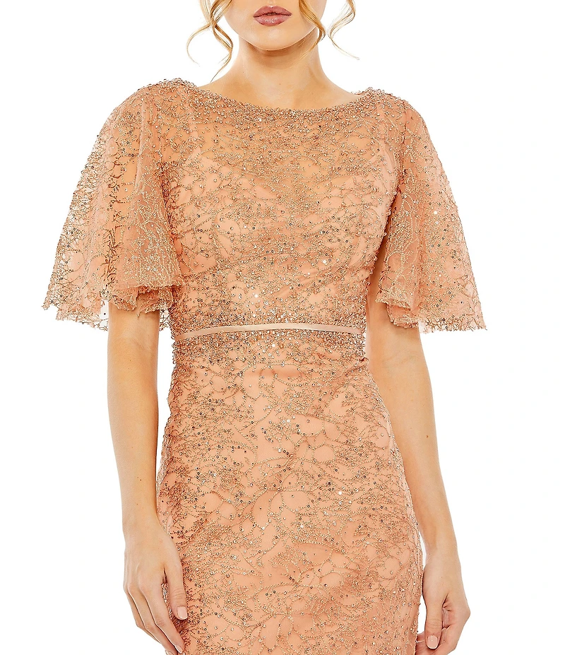 Mac Duggal Beaded Illusion Neckline Short Butterfly Sleeve Gown