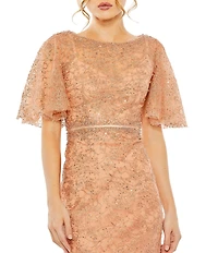 Mac Duggal Beaded Illusion Neckline Short Butterfly Sleeve Gown