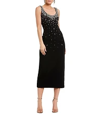 Mac Duggal Beaded Jersey Crepe Scoop Neck Sleeveless Midi Dress