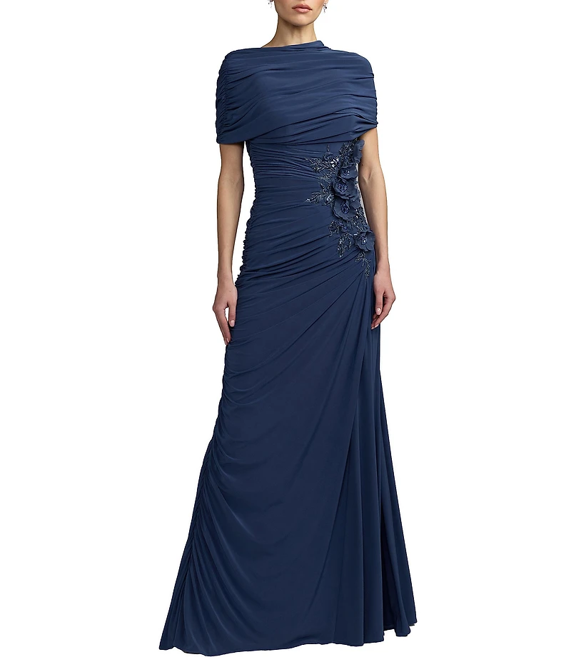 Mac Duggal Beaded Jersey Draped Capelet Top Column Gown