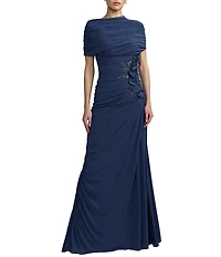 Mac Duggal Beaded Jersey Draped Capelet Top Column Gown
