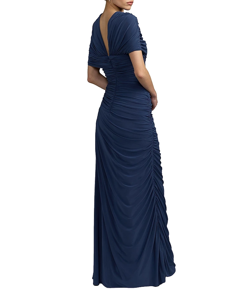 Mac Duggal Beaded Jersey Draped Capelet Top Column Gown