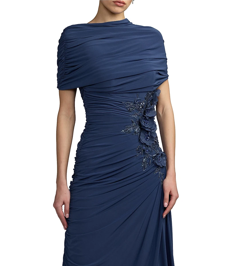 Mac Duggal Beaded Jersey Draped Capelet Top Column Gown