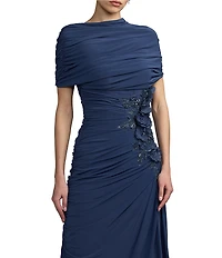 Mac Duggal Beaded Jersey Draped Capelet Top Column Gown