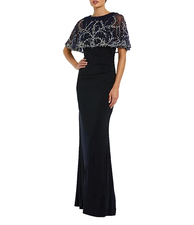 Mac Duggal Beaded Jersey Knit High Neck Shawl Mermaid Gown