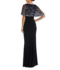 Mac Duggal Beaded Jersey Knit High Neck Shawl Mermaid Gown