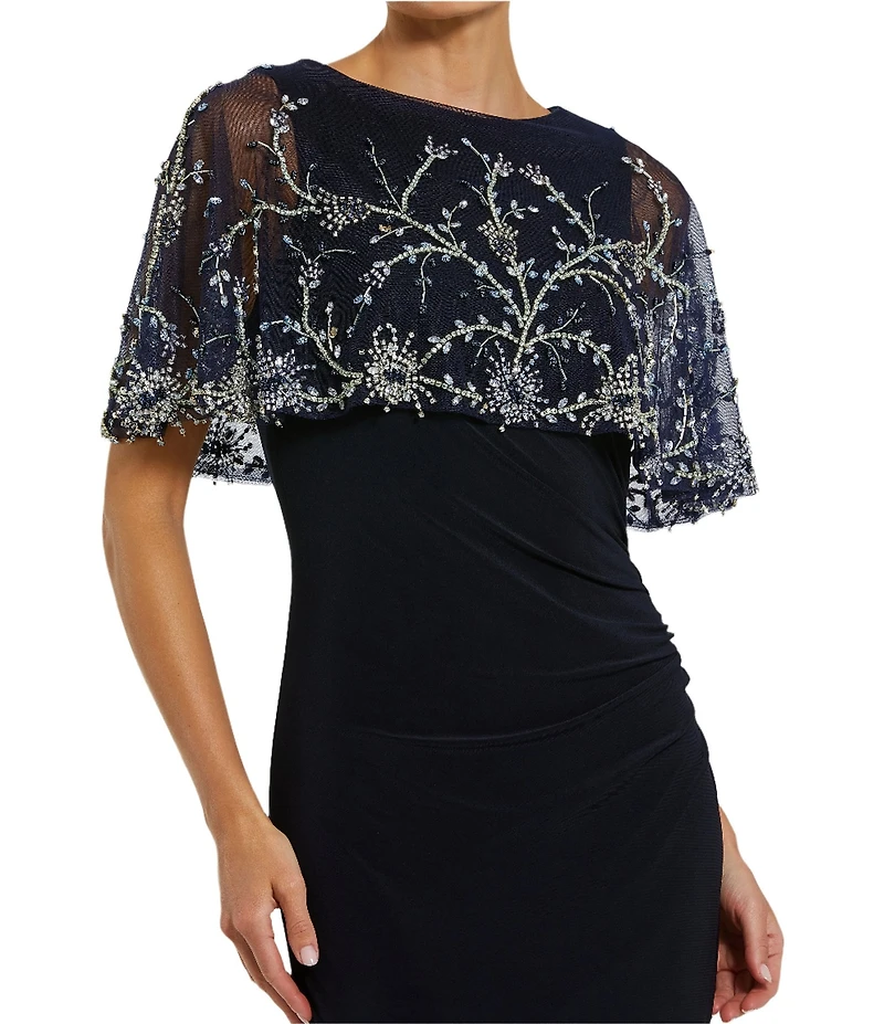 Mac Duggal Beaded Jersey Knit High Neck Shawl Mermaid Gown