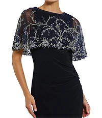 Mac Duggal Beaded Jersey Knit High Neck Shawl Mermaid Gown