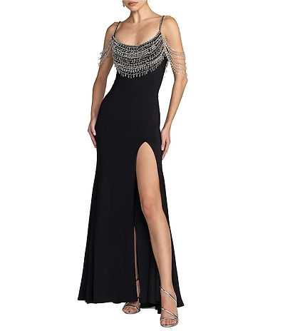 Mac Duggal Beaded Jersey Scoop Back Long Dress