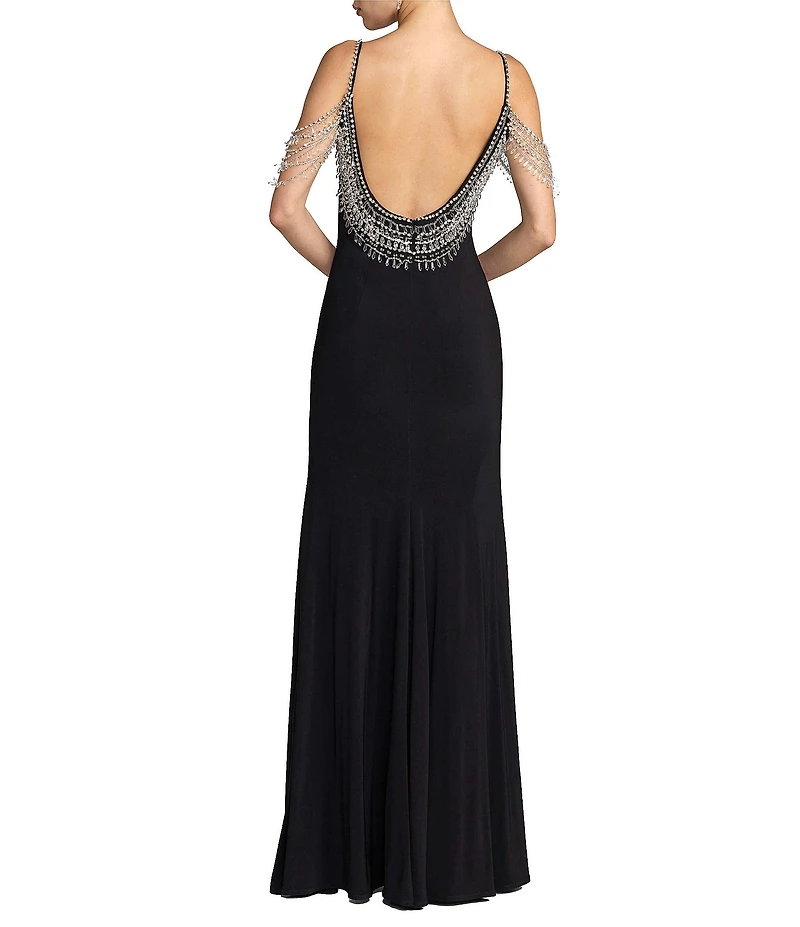 Mac Duggal Beaded Jersey Scoop Back Long Dress