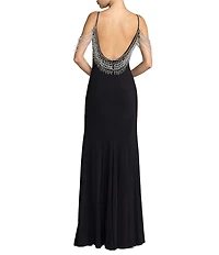 Mac Duggal Beaded Jersey Scoop Back Long Dress