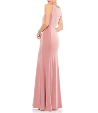 Mac Duggal Beaded Jeweled Crew Neck Sleeveless Sheath Gown