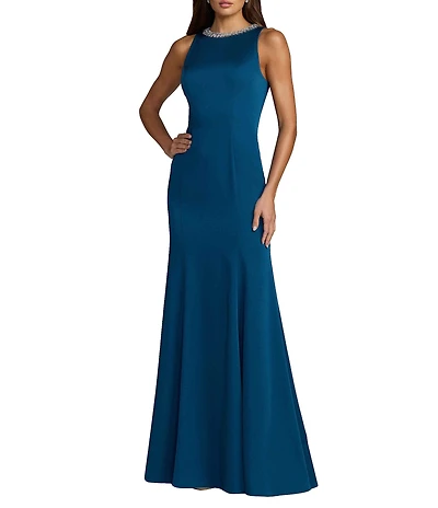 Mac Duggal Beaded Jeweled Crew Neck Sleeveless Sheath Gown