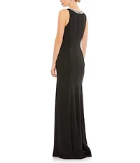 Mac Duggal Beaded Jeweled Crew Neck Sleeveless Sheath Gown