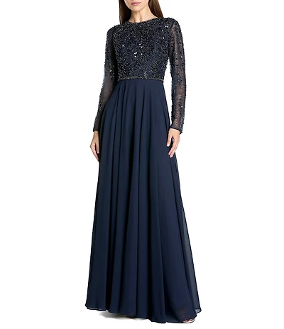 Mac Duggal Beaded Lace Long Sleeve Gown With Chiffon Skirt