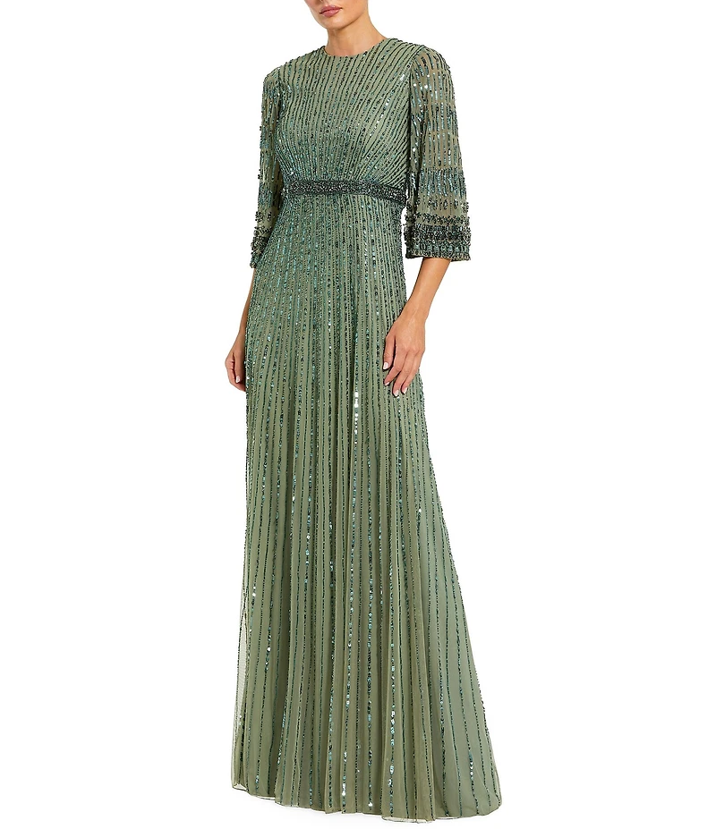 Mac Duggal Beaded Mesh 3/4 Sleeve Crew Neck Gown