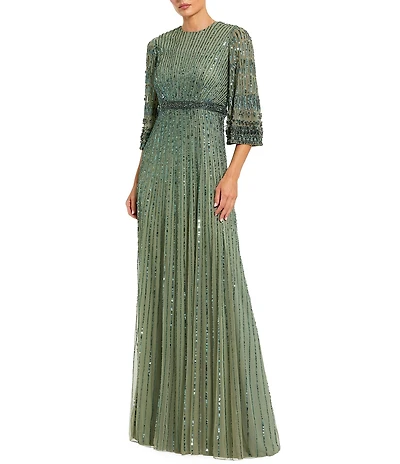 Mac Duggal Beaded Mesh 3/4 Sleeve Crew Neck Gown