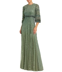 Mac Duggal Beaded Mesh 3/4 Sleeve Crew Neck Gown