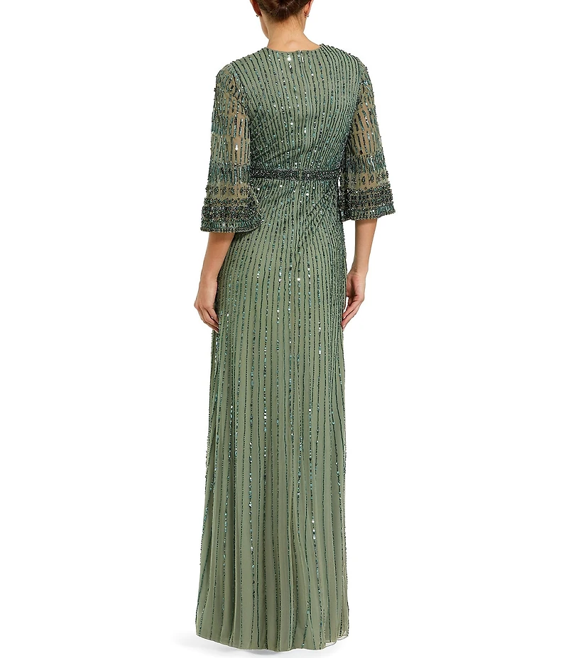 Mac Duggal Beaded Mesh 3/4 Sleeve Crew Neck Gown