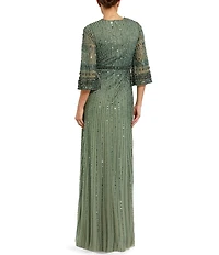 Mac Duggal Beaded Mesh 3/4 Sleeve Crew Neck Gown
