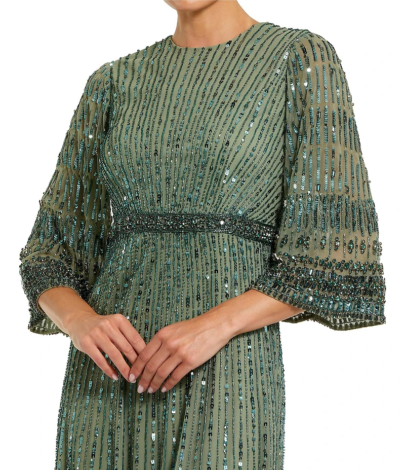 Mac Duggal Beaded Mesh 3/4 Sleeve Crew Neck Gown