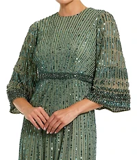 Mac Duggal Beaded Mesh 3/4 Sleeve Crew Neck Gown