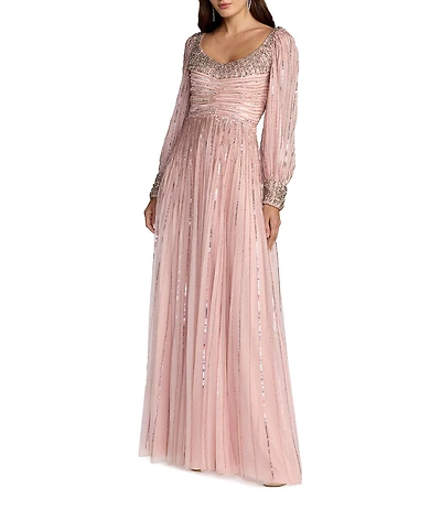 Mac Duggal Beaded Mesh Bishop Sleeve A Line Gown