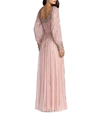 Mac Duggal Beaded Mesh Bishop Sleeve A Line Gown