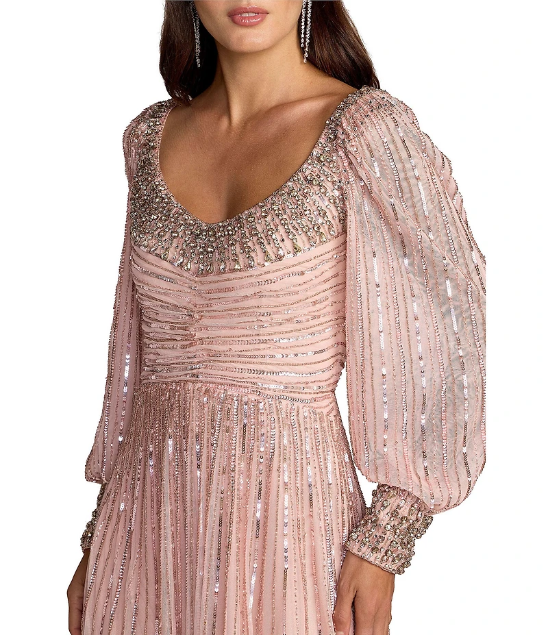 Mac Duggal Beaded Mesh Bishop Sleeve A Line Gown