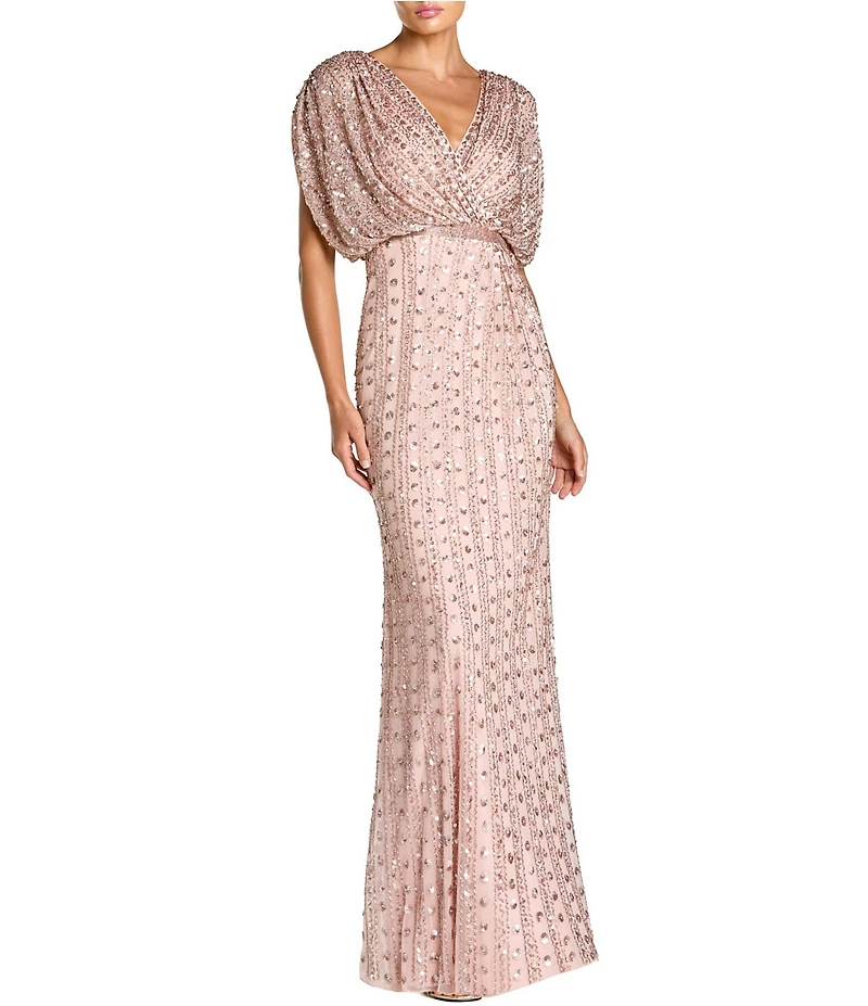 Mac Duggal Beaded Mesh Blouson V Neck Gown