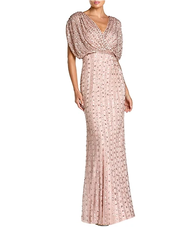 Mac Duggal Beaded Mesh Blouson V Neck Gown