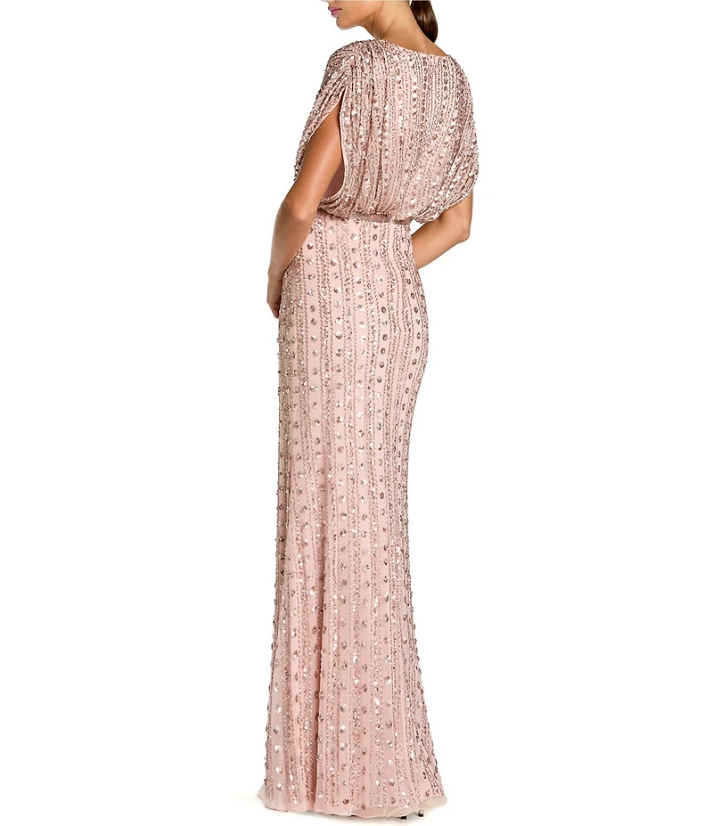 Mac Duggal Beaded Mesh Blouson V Neck Gown